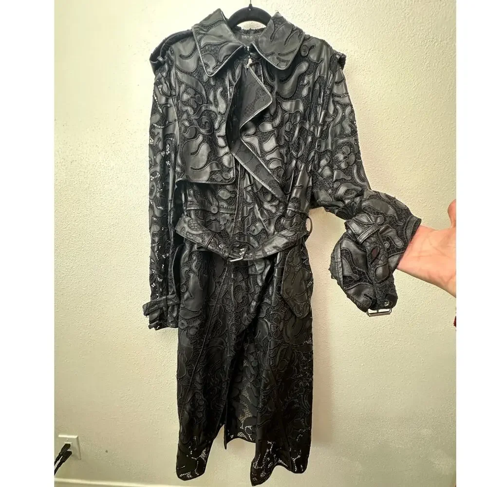Alexander McQueen Black Leather Lace Belted Trench Coat Made in Italy 14 - Picture 3 of 16